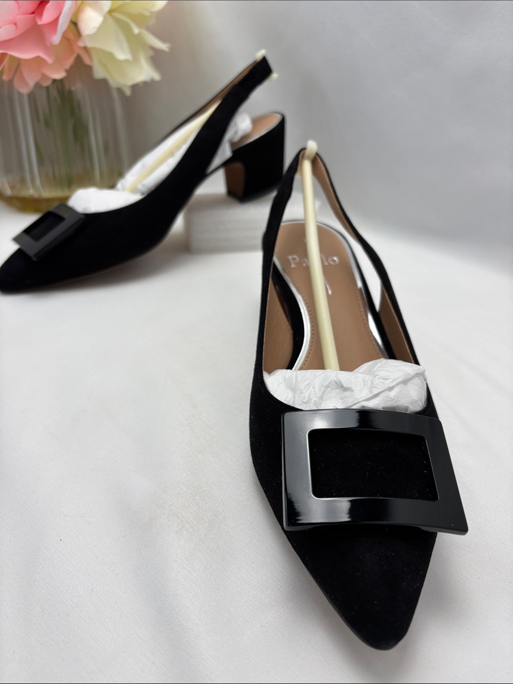 Paolo Women’s 5.5M Black Suede Pointed Slingback Pumps‎ with Square Buckle#379